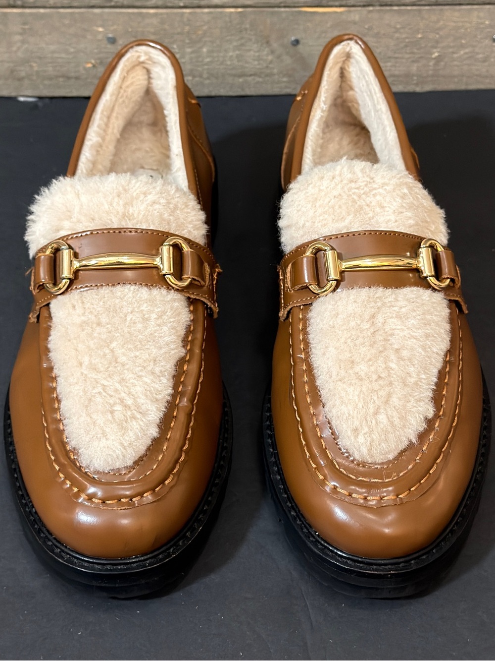Steve Madden Marianna Loafers 11 Brown Leather Faux Fur Horsebit Lug Sole Shoes
